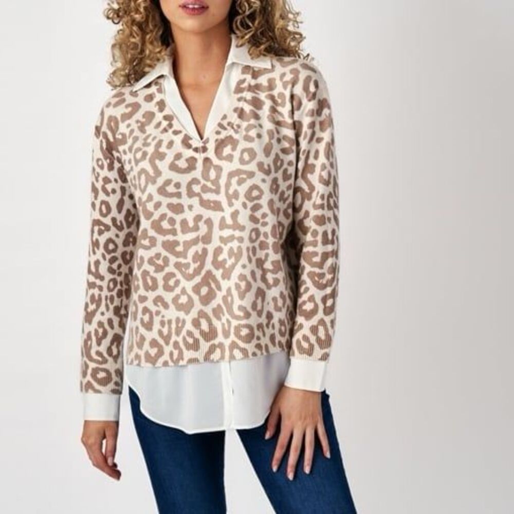 Milano Leopard Print Layered V-Neck 2-in-1 Sweater Blouse Small